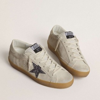 Golden Goose Super-Star Sneakers In Ice-gray Suede With Silver Glitter Star And Leather Heel Tab GWF00101.F007202.15751