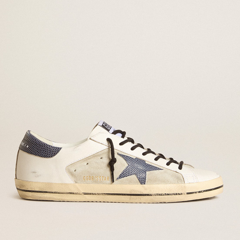 Golden Goose Super-Star Sneakers In Leather And Suede With Blue Lizard-print Leather Star GMF00103.F006040.10509