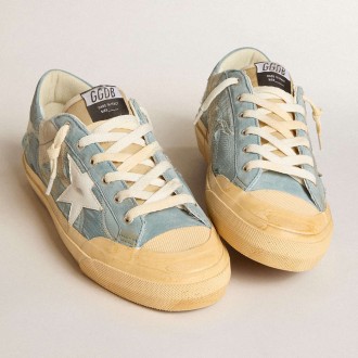 Golden Goose Super-Star Sneakers In Light Blue Mesh And Nylon With White Leather Star GMF00754.F005940.50858