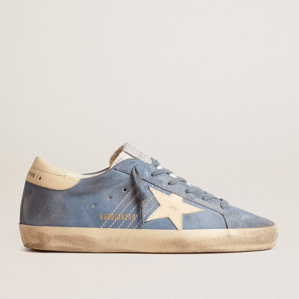 Golden Goose Super-Star Sneakers In Light Blue Suede With Beige Leather Star And Heel Tab GWF00101.F005877.50856