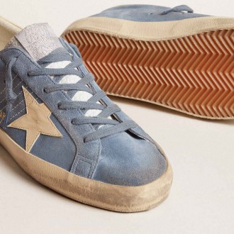 Golden Goose Super-Star Sneakers In Light Blue Suede With Beige Leather Star And Heel Tab GWF00101.F005877.50856