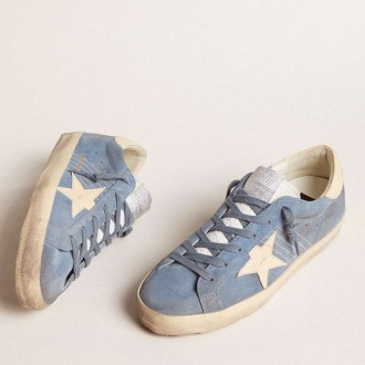 Golden Goose Super-Star Sneakers In Light Blue Suede With Beige Leather Star And Heel Tab GWF00101.F005877.50856