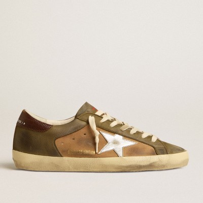 Golden Goose Super-Star Sneakers LTD In Green Leather And Tobacco-colored Suede With Silver Star GMF00103.F005172.82501