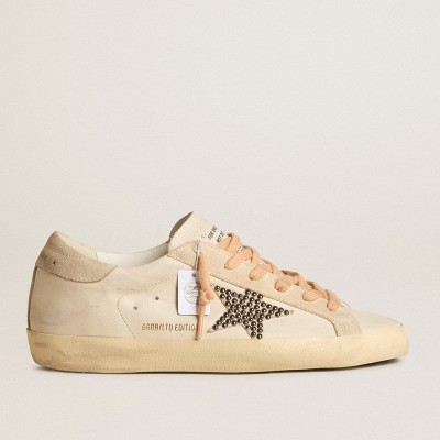 Golden Goose Super-Star Sneakers LTD In Leather With Beige Suede Star With Swarovski Studs GWF00101.F005949.10318