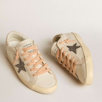 Golden Goose Super-Star Sneakers LTD In Leather With Beige Suede Star With Swarovski Studs GWF00101.F005949.10318