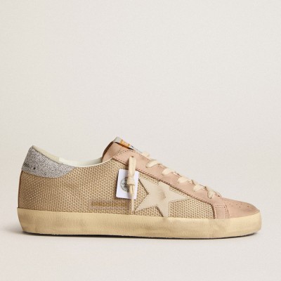 Golden Goose Super-Star Sneakers LTD In White Mesh And Pink Nubuck With Swarovski Crystals Heel Tab GWF00101.F005921.15600