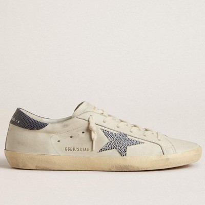 Golden Goose Super-Star Sneakers LTD With Cream-colored Leather Star With Swarovski Crystals And Blue Leather Heel Tab With Lizard Print GWF00101.F005870.10793