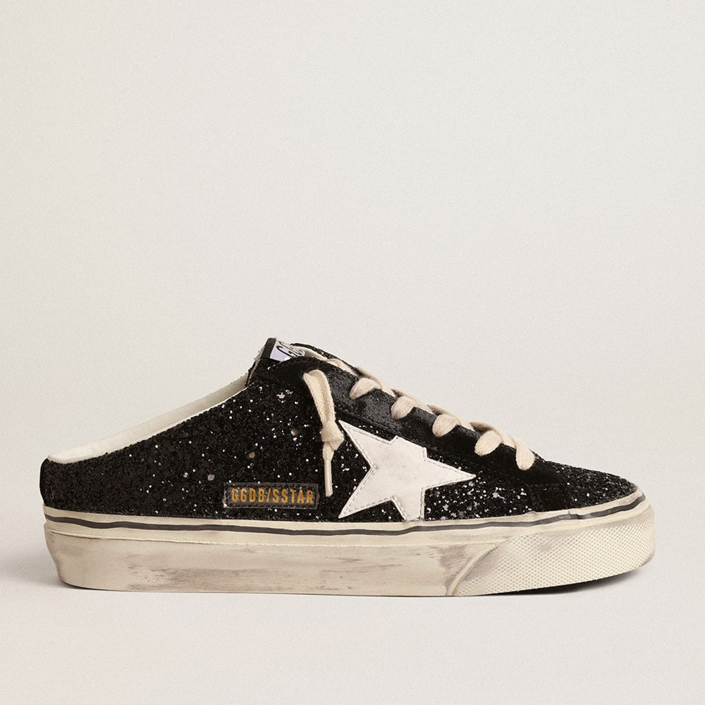 Golden Goose Super-Star Sneakers Sabots In Black Glitter With White Bio-based Star GWF00485.F004546.80203