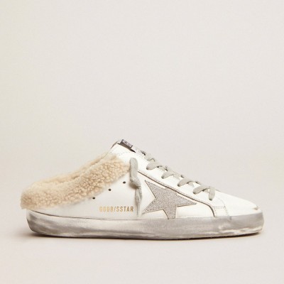 Golden Goose Super-Star Sneakers Sabots In White Leather With Shearling Lining GWF00110.F001724.10224