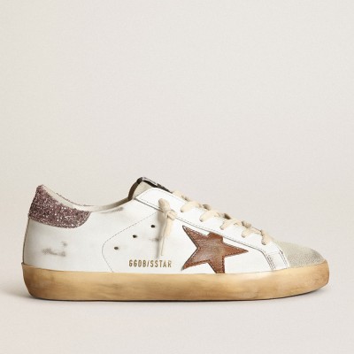 Golden Goose Super-Star Sneakers With A Tan Star And Pink Glitter Heel Tab GWF00101.F003396.11237