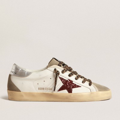 Golden Goose Super-Star Sneakers With Burgundy Glitter Star And Silver Heel Tab GWF00102.F004057.11372