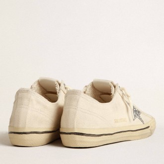 Golden Goose V-Star Sneakers In Beige Canvas With A Silver Glitter Star GWF00129.F004061.15260