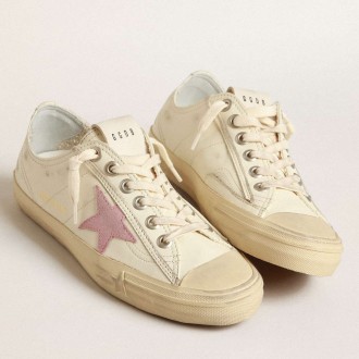 Golden Goose V-Star Sneakers In Beige Nappa Leather With Old-rose Suede Star GWF00129.F004059.15418