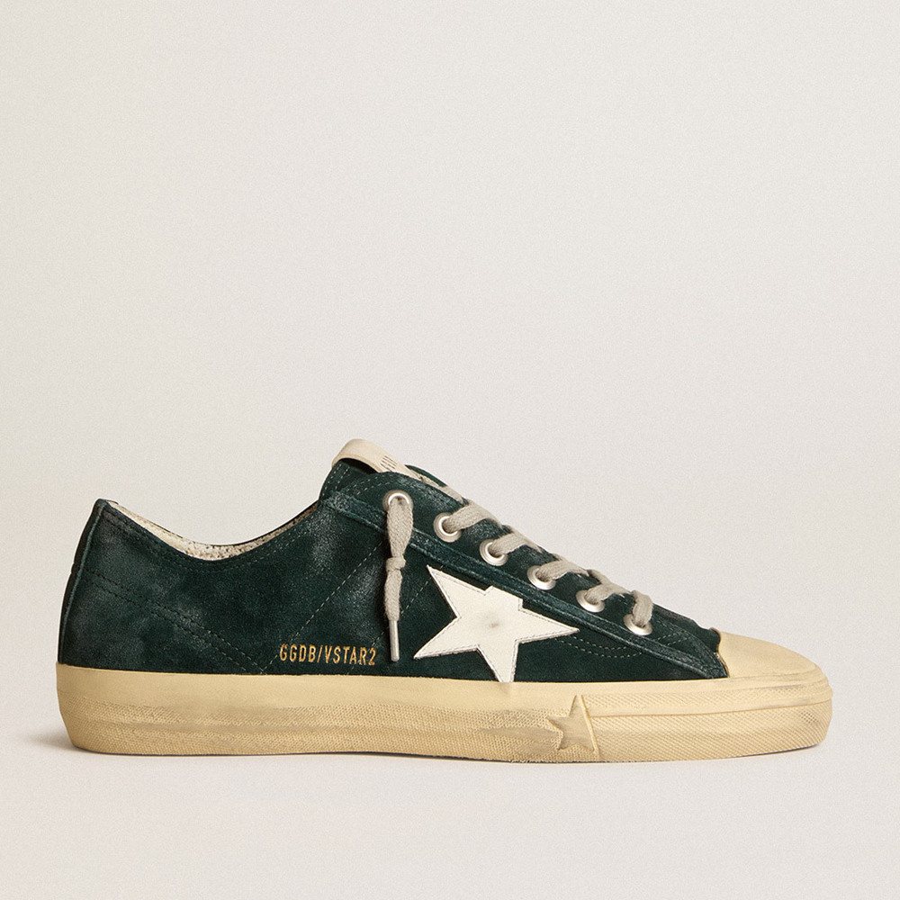 Golden Goose V-Star Sneakers In Forest-green Suede With White Leather Star GMF00129.F005999.35892