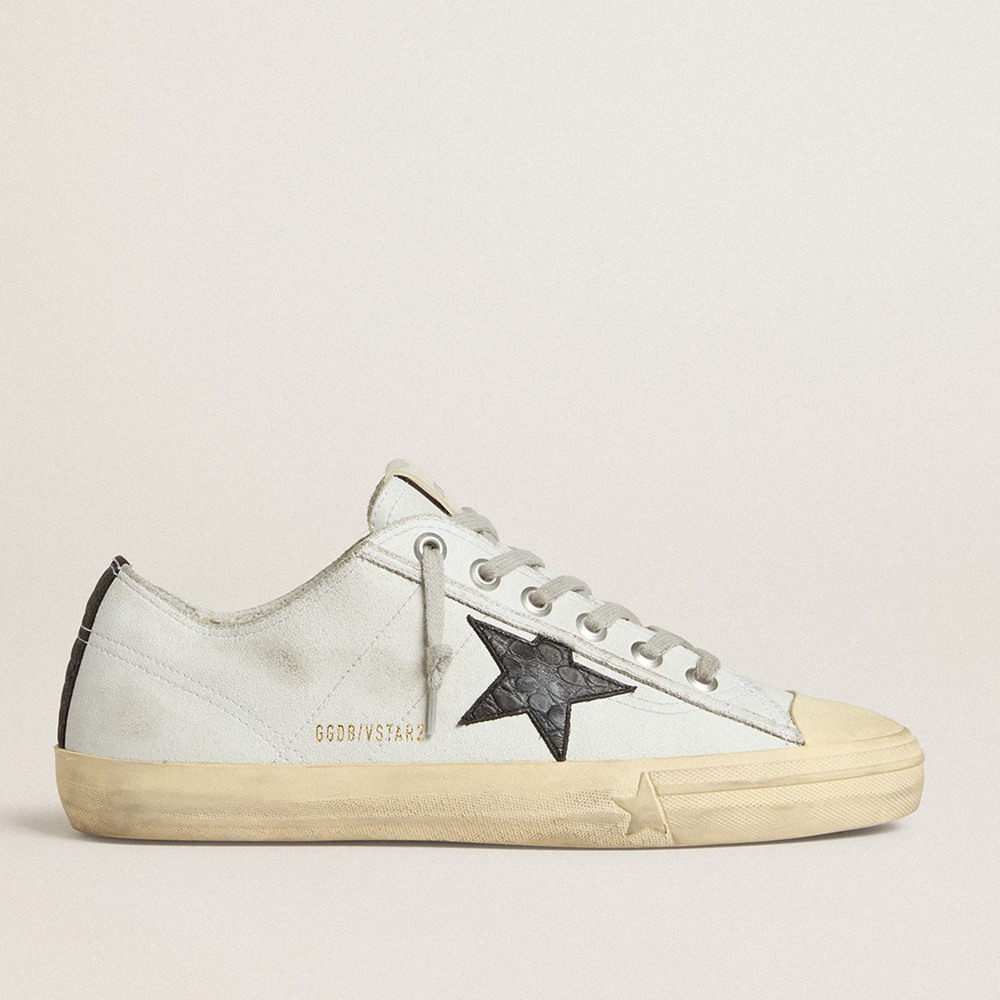 Golden Goose V-Star Sneakers In Leather With Black Crocodile-print Leather Star And Heel Tab GMF00129.F005996.10283