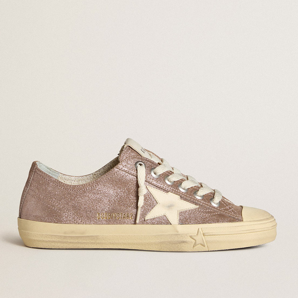 Golden Goose V-Star Sneakers In Light Brown Metallic Suede With Cream Leather Star GWF00129.F006549.55629