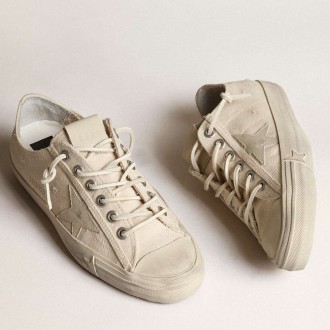 Golden Goose V-Star Sneakers In Light Cream Canvas With Milk-white Leather Star GWF00129.F003135.11149