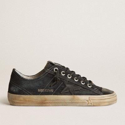 Golden Goose V-Star Sneakers In Midnight-blue Denim With Black Leather Star And Toe GWF00129.F003134.50697