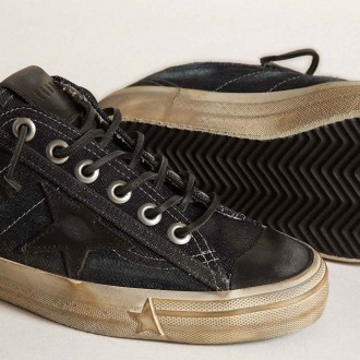 Golden Goose V-Star Sneakers In Midnight-blue Denim With Black Leather Star And Toe GWF00129.F003134.50697