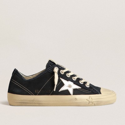 Golden Goose V-Star Sneakers In Navy-blue Canvas With A Silver Laminated Leather Star GWF00205.F004060.50750