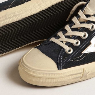 Golden Goose V-Star Sneakers In Navy-blue Canvas With A Silver Laminated Leather Star GWF00205.F004060.50750