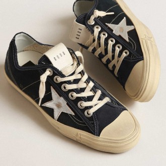 Golden Goose V-Star Sneakers In Navy-blue Canvas With A Silver Laminated Leather Star GWF00205.F004060.50750