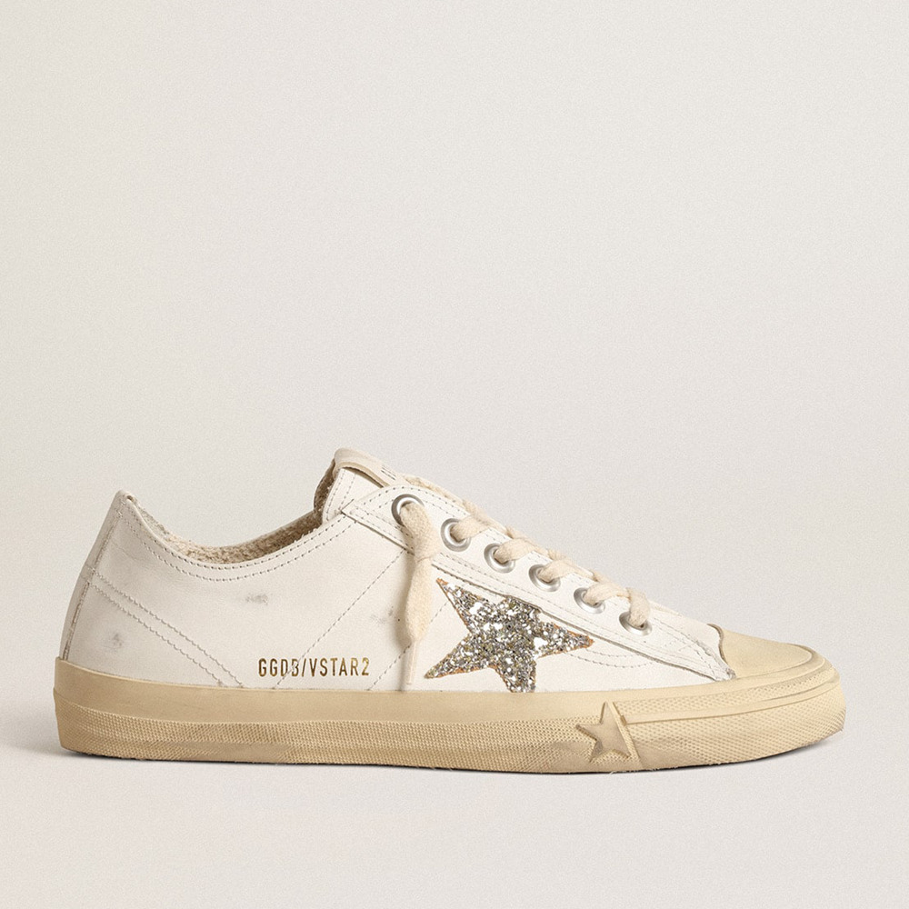 Golden Goose V-Star Sneakers In White Leather With A Platinum Glitter Star GWF00129.F004565.10847