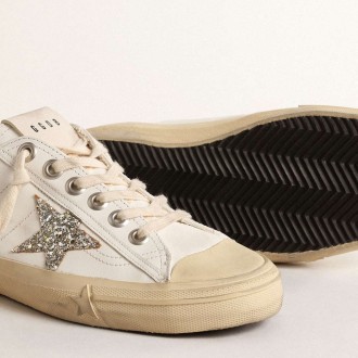 Golden Goose V-Star Sneakers In White Leather With A Platinum Glitter Star GWF00129.F004565.10847