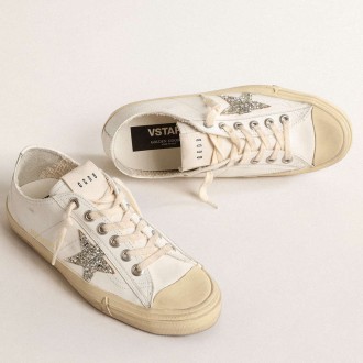 Golden Goose V-Star Sneakers In White Leather With A Platinum Glitter Star GWF00129.F004565.10847