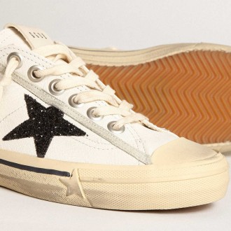 Golden Goose V-Star Sneakers In White Nappa Leather With A Black Glitter Star GWF00129.F003922.10432