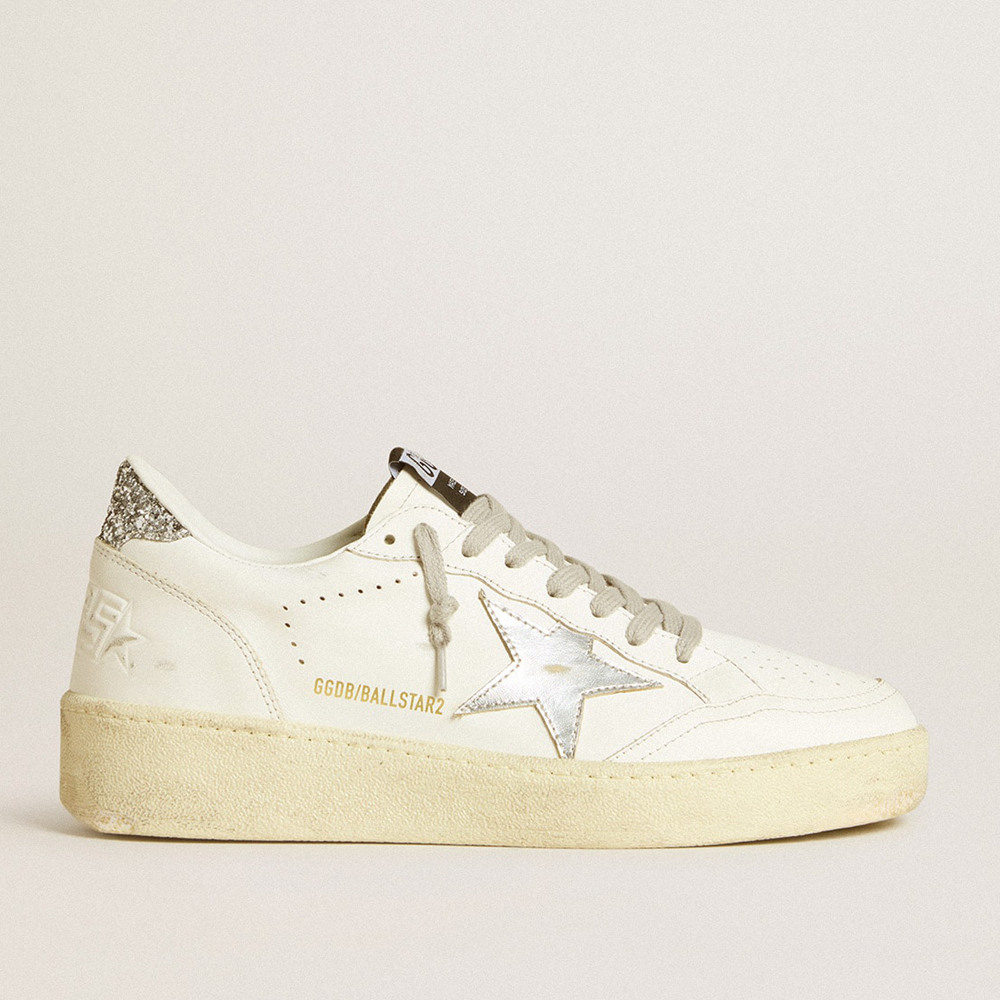 Golden Goose Women's Ball Star Sneakers 2 With Silver Leather Star And Silver Glitter Heel Tab GWF00804.F006966.80185