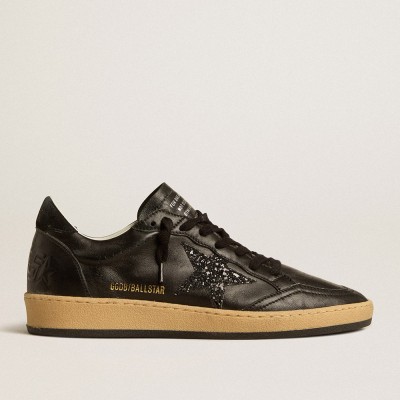 Golden Goose Women's Ball Star Sneakers In Black Nappa With Black Glitter Star And Suede Heel Tab GWF00117.F005220.90100