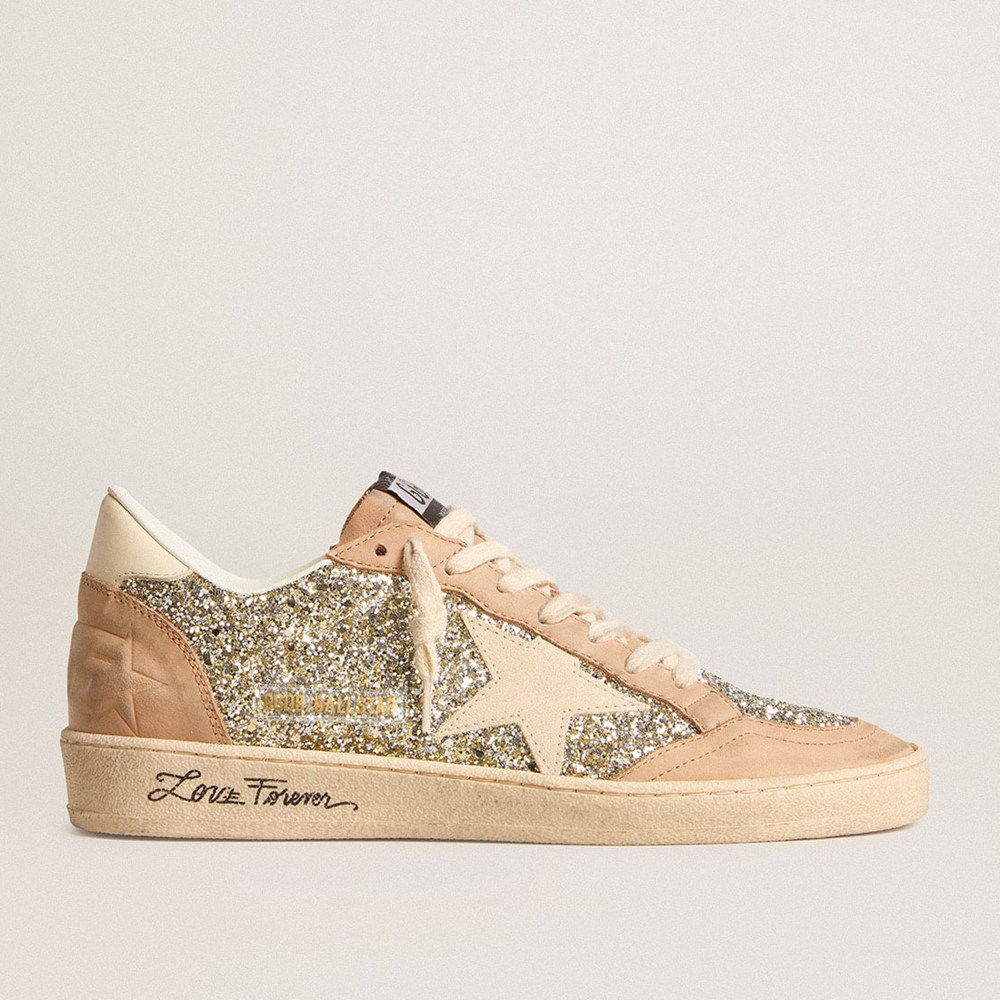 Golden Goose Women's Ball Star Sneakers In Platinum Glitter With Cream Leather Star And Nubuck Toe GWF00117.F005935.65199