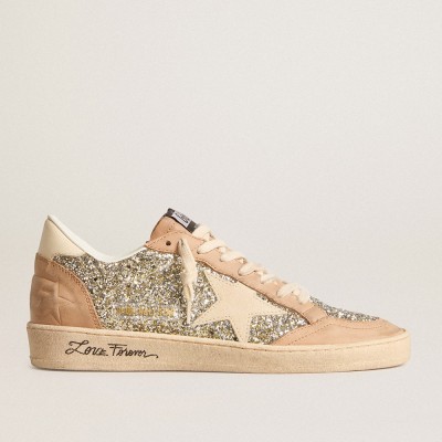 Golden Goose Women's Ball Star Sneakers In Platinum Glitter With Cream Leather Star And Nubuck Toe GWF00117.F005935.65199