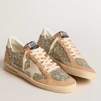 Golden Goose Women's Ball Star Sneakers In Platinum Glitter With Cream Leather Star And Nubuck Toe GWF00117.F005935.65199