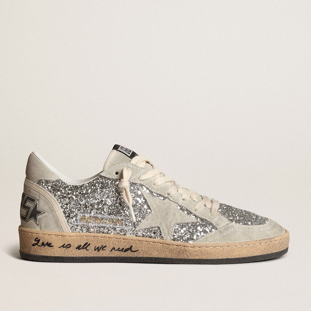 Golden Goose Women's Ball Star Sneakers In Silver Glitter With Ice-gray Suede Inserts GWF00117.F003992.70136