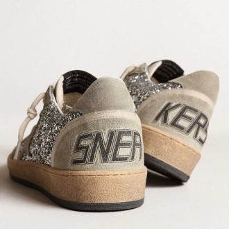 Golden Goose Women's Ball Star Sneakers In Silver Glitter With Ice-gray Suede Inserts GWF00117.F003992.70136