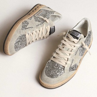 Golden Goose Women's Ball Star Sneakers In Silver Glitter With Ice-gray Suede Inserts GWF00117.F003992.70136