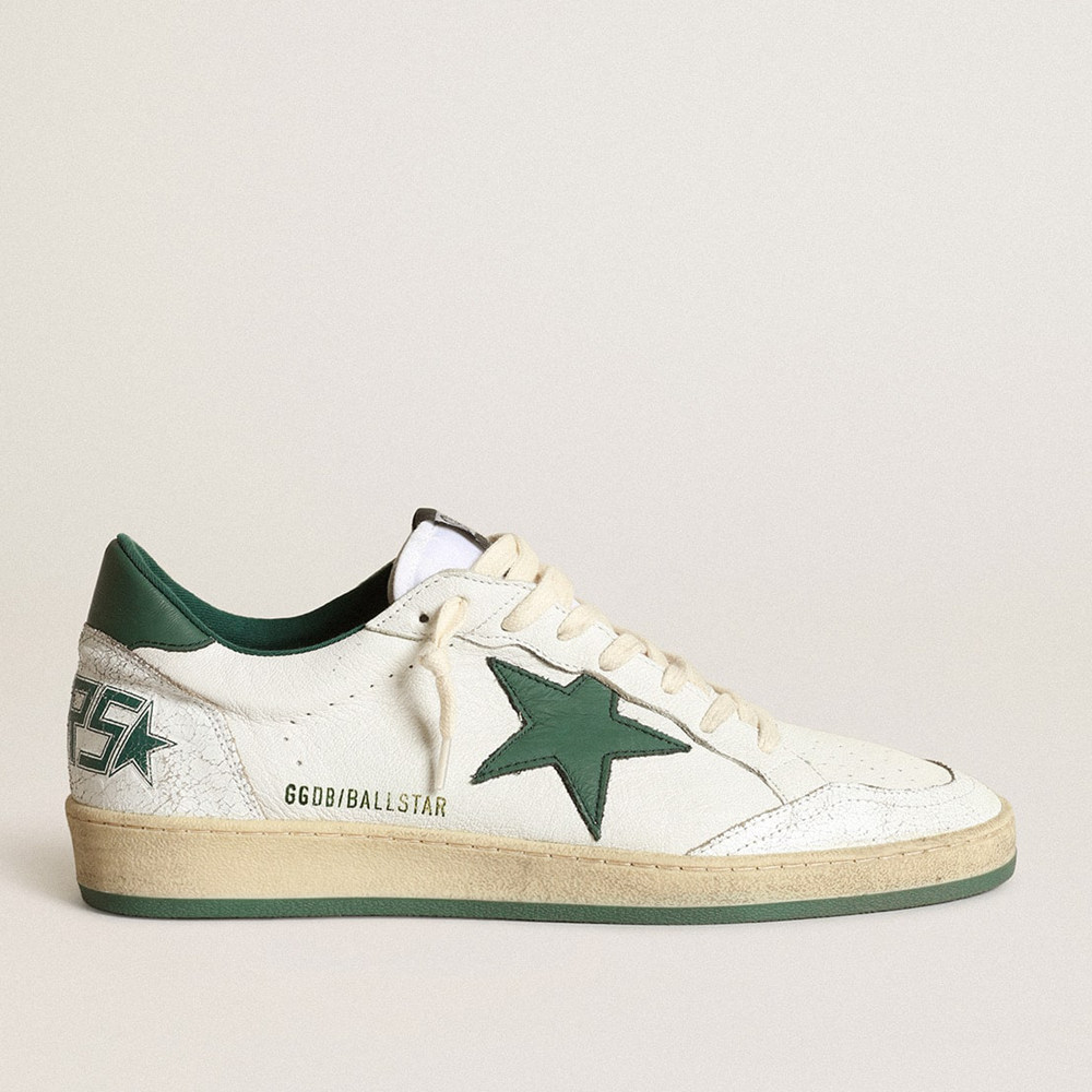 Golden Goose Women's Ball Star Sneakers In White Nappa Leather With Green Leather Star And Heel Tab GWF00117.F000325.10502