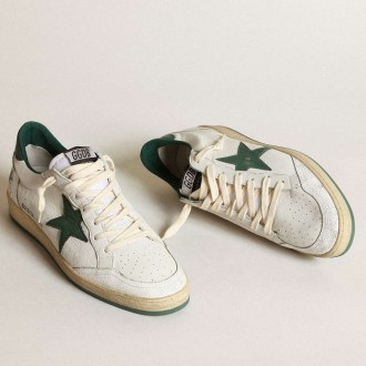 Golden Goose Women's Ball Star Sneakers In White Nappa Leather With Green Leather Star And Heel Tab GWF00117.F000325.10502