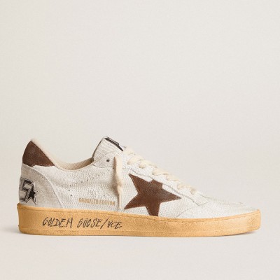 Golden Goose Women's Ball Star Sneakers In White Nubuck Leather With Brown Suede Star And Heel Tab GWF00117.F005981.11706