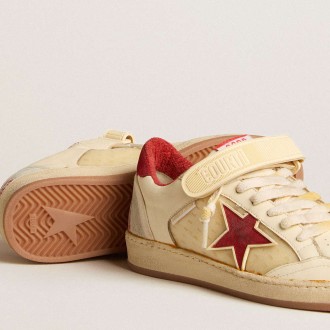 Golden Goose Women's Ball Star Sneakers LAB In Cream-colored Nappa With Red Suede Star GWF00554.F005681.11474