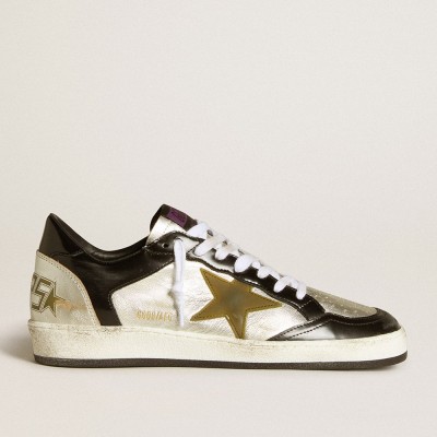 Golden Goose Women's Ball Star Sneakers LAB In Silver Leather With Brown Leather Star And Black Heel Tab GWF00800.F006424.82779