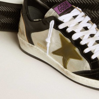 Golden Goose Women's Ball Star Sneakers LAB In Silver Leather With Brown Leather Star And Black Heel Tab GWF00800.F006424.82779