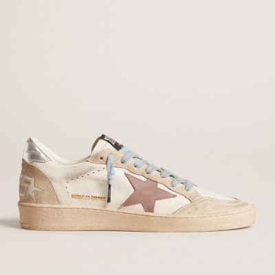 Golden Goose Women's Ball Star Sneakers LTD In White Nappa And Pearl Suede With Mauve Leather Star GWF00117.F005958.82672