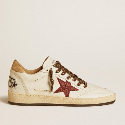 Golden Goose Women's Ball Star Sneakers LTD With Burgundy Glitter Star And Beige Suede Heel Tab GWF00117.F006631.12132