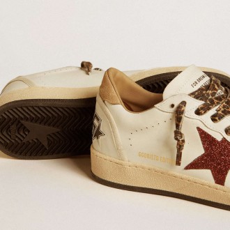 Golden Goose Women's Ball Star Sneakers LTD With Burgundy Glitter Star And Beige Suede Heel Tab GWF00117.F006631.12132