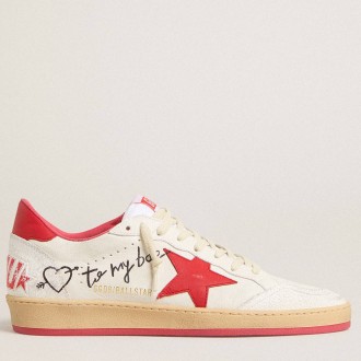 Golden Goose Women's Ball Star Sneakers Wishes In White Leather With A Red Star And Heel Tab GWF00117.F005823.10350