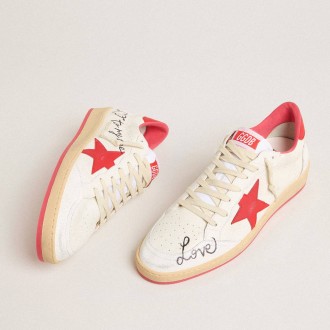 Golden Goose Women's Ball Star Sneakers Wishes In White Leather With A Red Star And Heel Tab GWF00117.F005823.10350