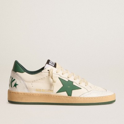 Golden Goose Women's Ball Star Sneakers Wishes In White Nappa Leather With Green Leather Star And Heel Tab GWF00117.F005821.10361